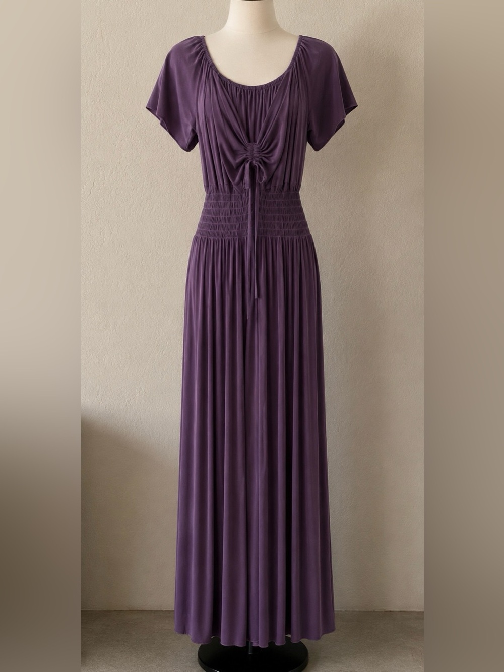 YUNA Purple Maxi Dress Ruched Front Smocked Waist Short Sleeve Boho